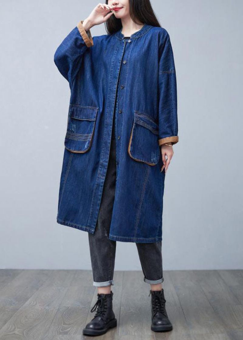 Klassisk Blå Standkrave Overdimensionerede Lommer Bomuld Denim Trench Coat Spring - Dame trenchcoats