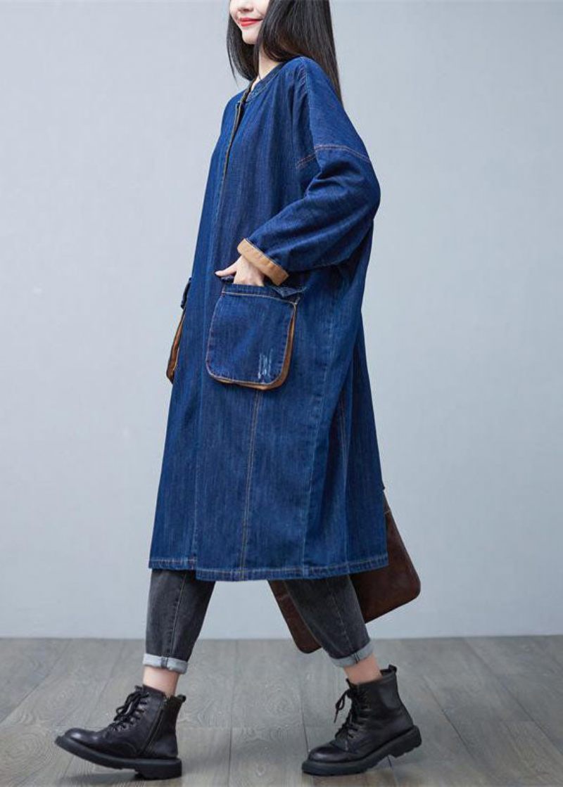 Klassisk Blå Standkrave Overdimensionerede Lommer Bomuld Denim Trench Coat Spring - Dame trenchcoats