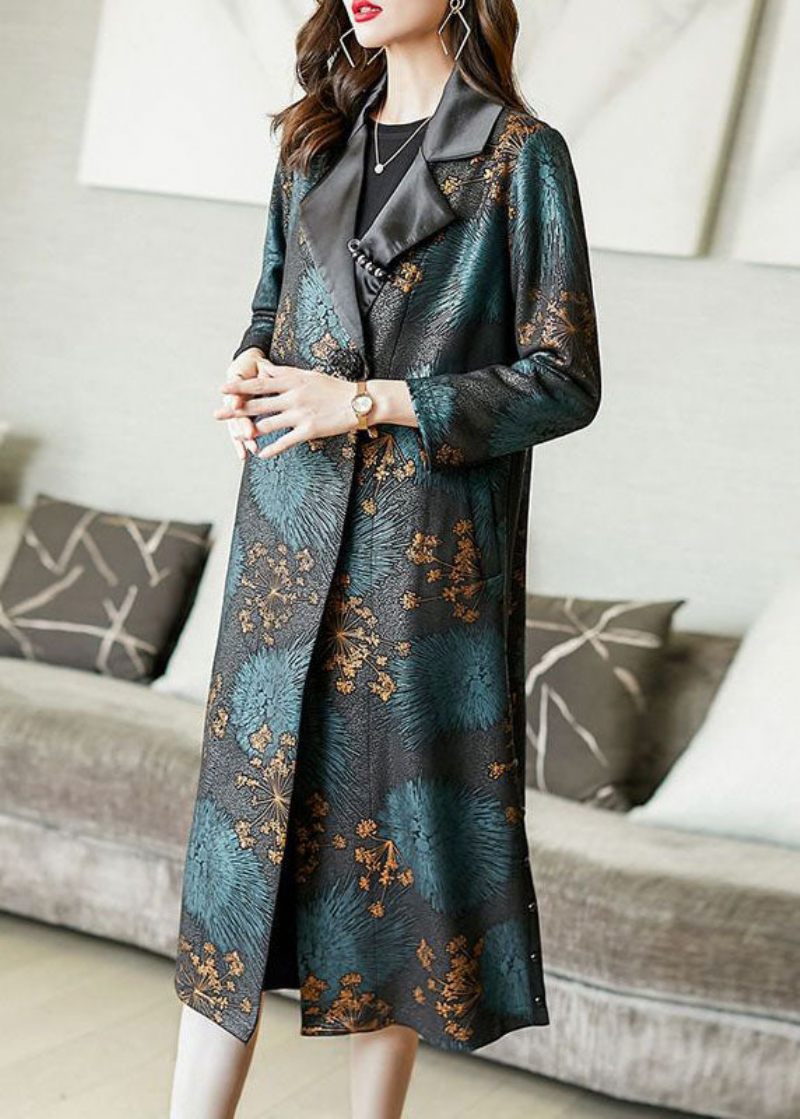 Klassisk Farveblok Peter Pan Kravelommer Print Silk Trench Coat Spring - Dame trenchcoats