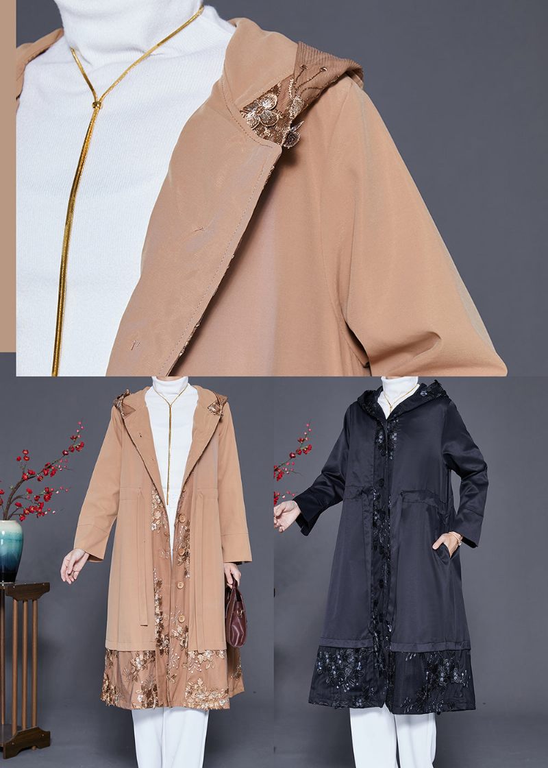 Klassisk Khaki Broderet Patchwork Bomuld Trench Fall - Dame trenchcoats