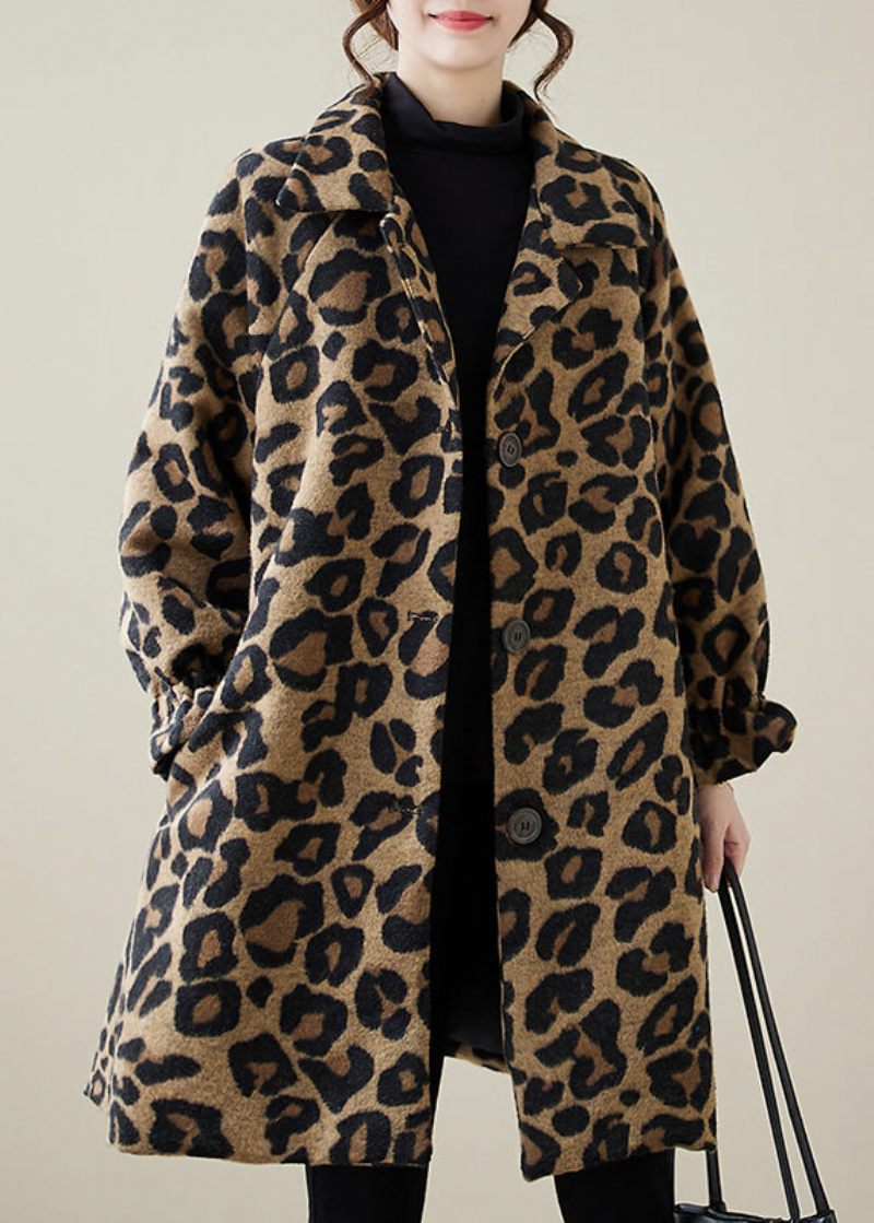 Klassisk Khaki Oversized Leopard Print Uldfrakker Vinter