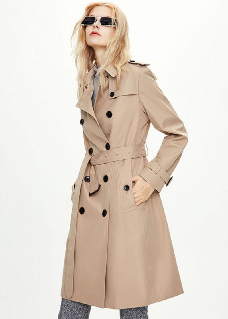 Klassisk Khaki Peter Pan Krave Dobbelt Bryst Bomuld Cinch Coat Fall - Dame trenchcoats