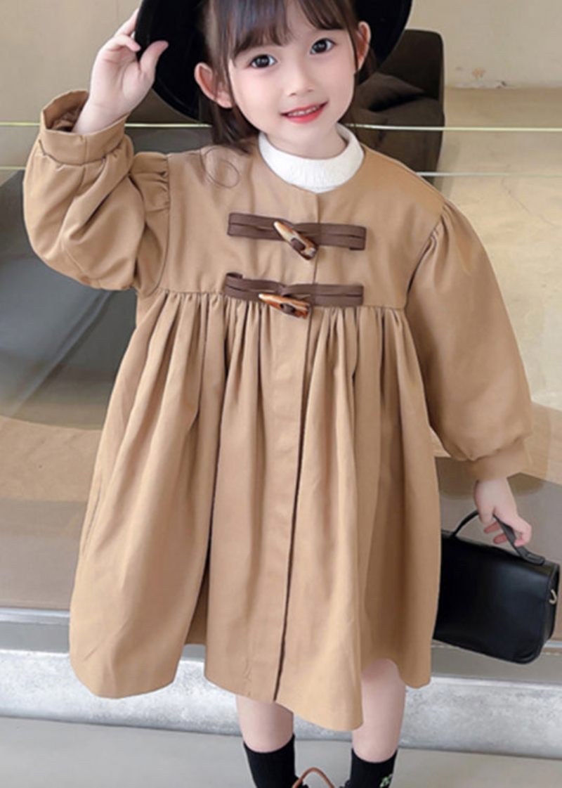 Klassisk Khaki Rynket Button Sløjfe Patchwork Bomuld Baby Girls Trench Fall - Dame trenchcoats