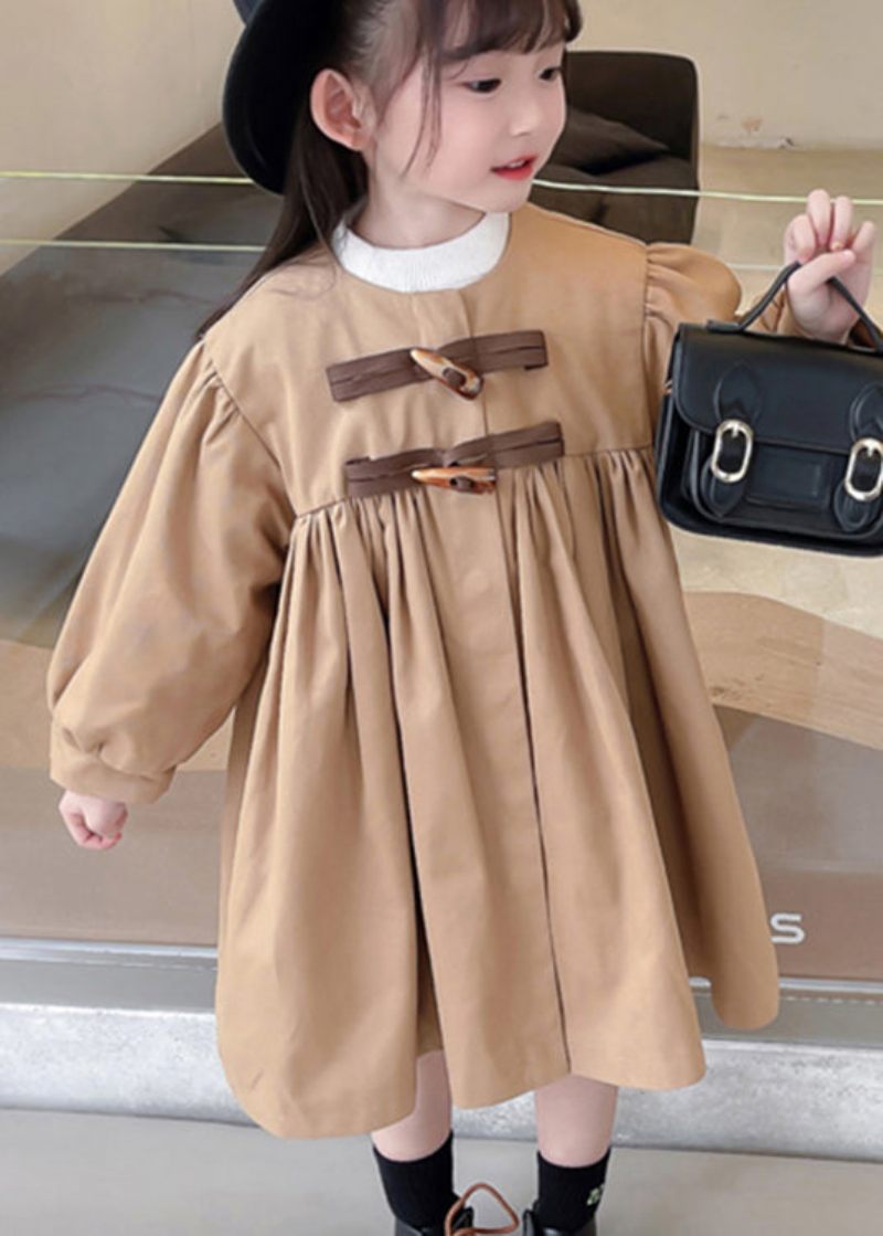 Klassisk Khaki Rynket Button Sløjfe Patchwork Bomuld Baby Girls Trench Fall - Dame trenchcoats