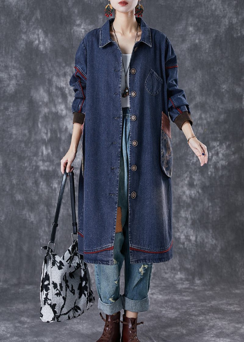 Klassisk Marineblå Oversize Patchwork-lomme Bomuldsfrakke Efterår - Dame trenchcoats