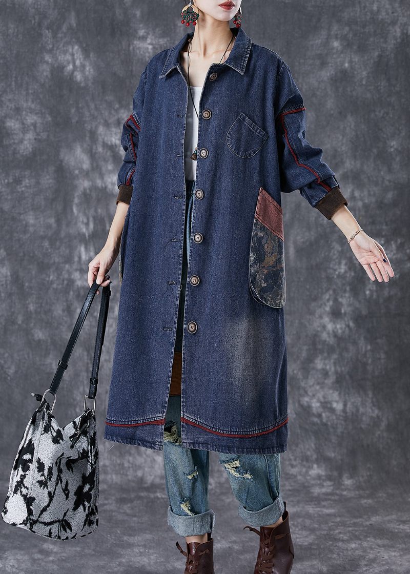 Klassisk Marineblå Oversize Patchwork-lomme Bomuldsfrakke Efterår - Dame trenchcoats