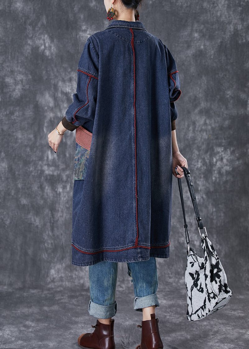 Klassisk Marineblå Oversize Patchwork-lomme Bomuldsfrakke Efterår - Dame trenchcoats