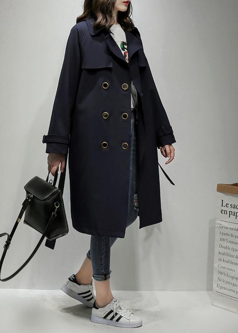 Klassisk Notched Dobbelt Bryst Plus Size Trenchcoat Marineblå Silhuet Outwear - Dame trenchcoats