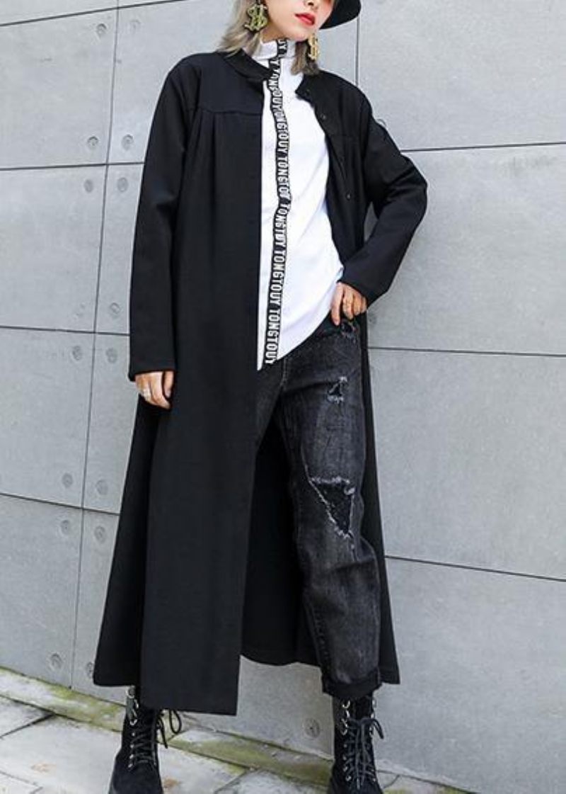 Klassisk Sort Fint Outfit Work Outfits Stander Krave Knap Efterårsfrakke - Dame trenchcoats