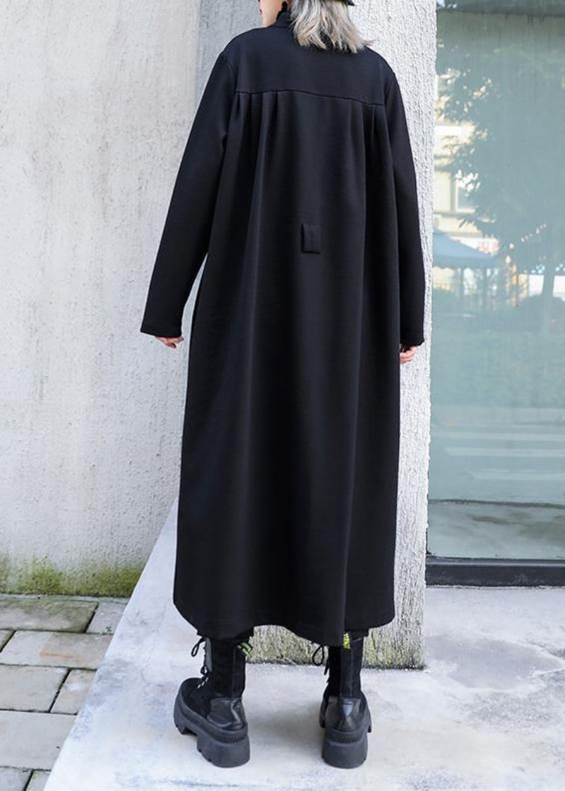 Klassisk Sort Fint Outfit Work Outfits Stander Krave Knap Efterårsfrakke - Dame trenchcoats