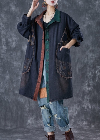 Klassisk Sort Overdimensioneret Patchwork Denim Trench Fall