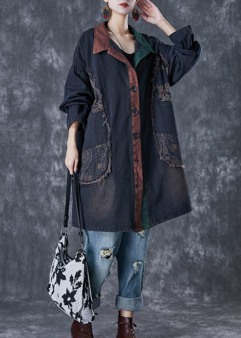 Klassisk Sort Overdimensioneret Patchwork Denim Trench Fall - Dame trenchcoats