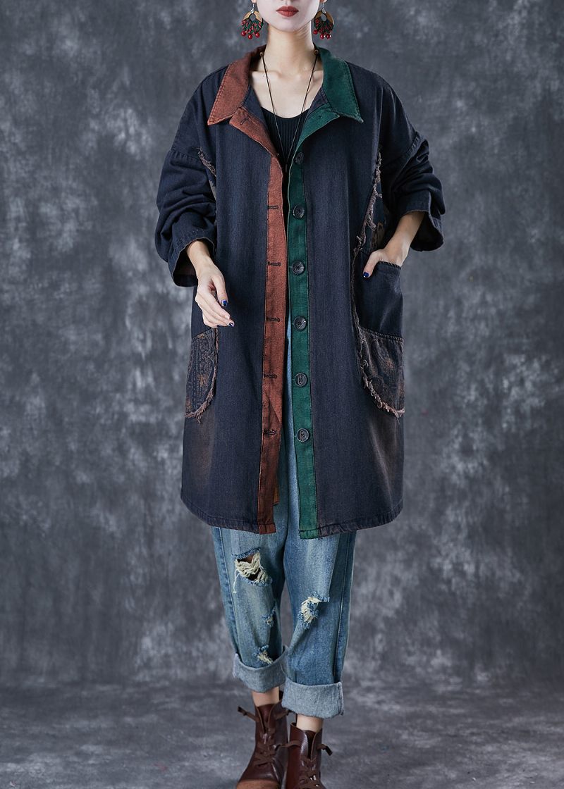 Klassisk Sort Overdimensioneret Patchwork Denim Trench Fall - Dame trenchcoats