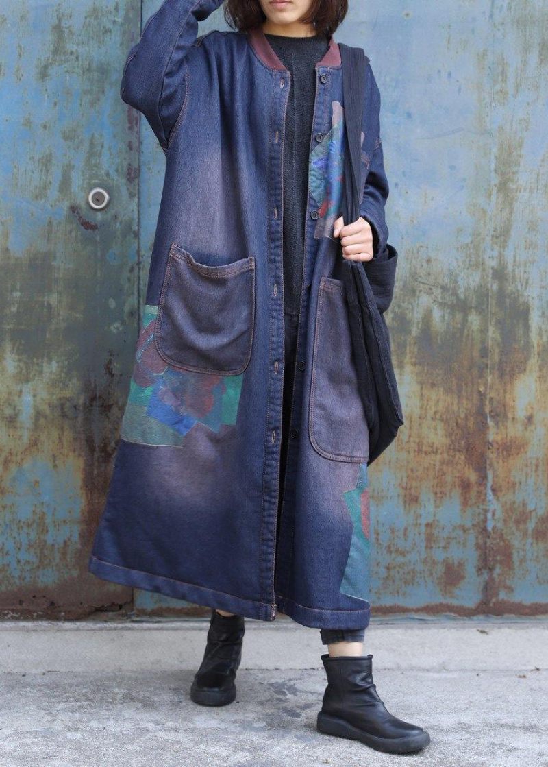 Klassiske Blå Prints Fashion Trenchcoat Inspiration To Store Lommer Tykke Frakker