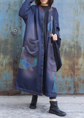 Klassiske Blå Prints Fashion Trenchcoat Inspiration To Store Lommer Tykke Frakker