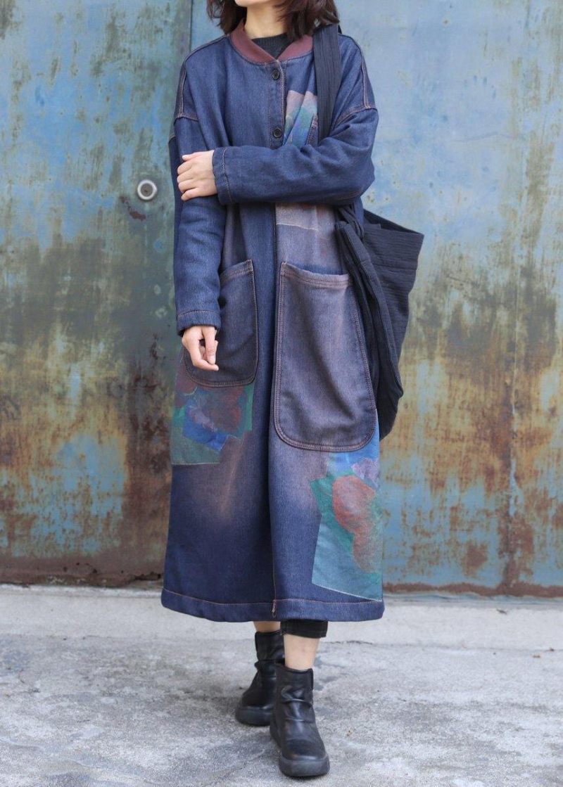 Klassiske Blå Prints Fashion Trenchcoat Inspiration To Store Lommer Tykke Frakker - Dame trenchcoats