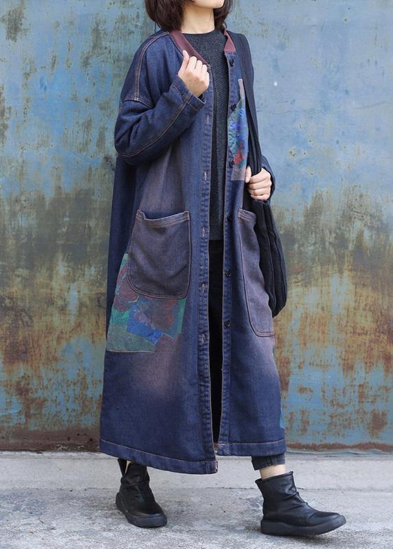 Klassiske Blå Prints Fashion Trenchcoat Inspiration To Store Lommer Tykke Frakker - Dame trenchcoats