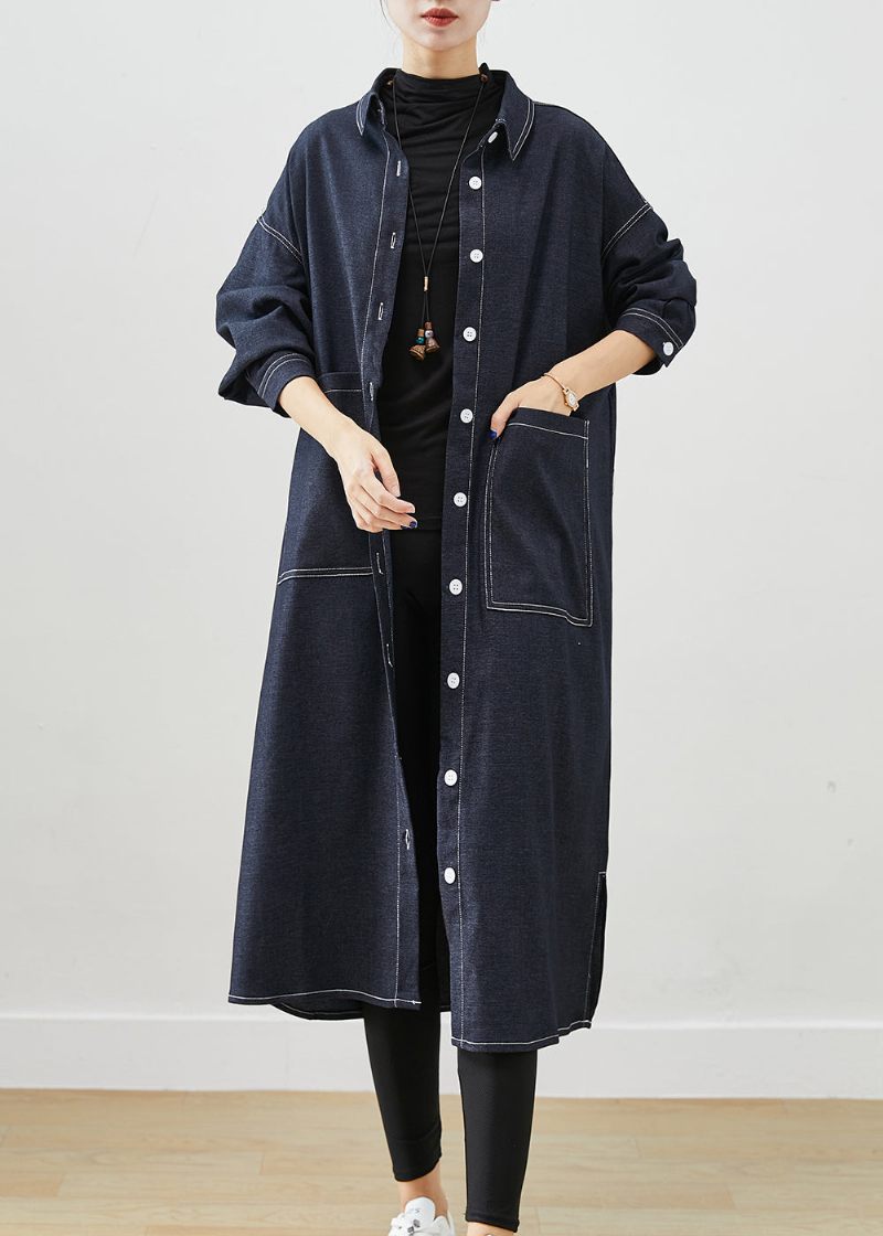 Klassiske Sorte Overdimensionerede Lommer Sideåbne Denim Trenchcoats Efterår - Dame trenchcoats