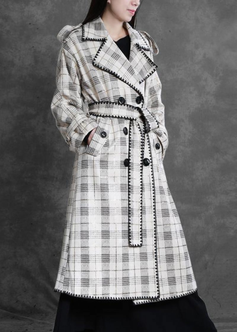 Kunst Hvid Plaid Fin Trenchcoat Gaver Udskårne Bagside Åbne Ydertøj - Dame trenchcoats