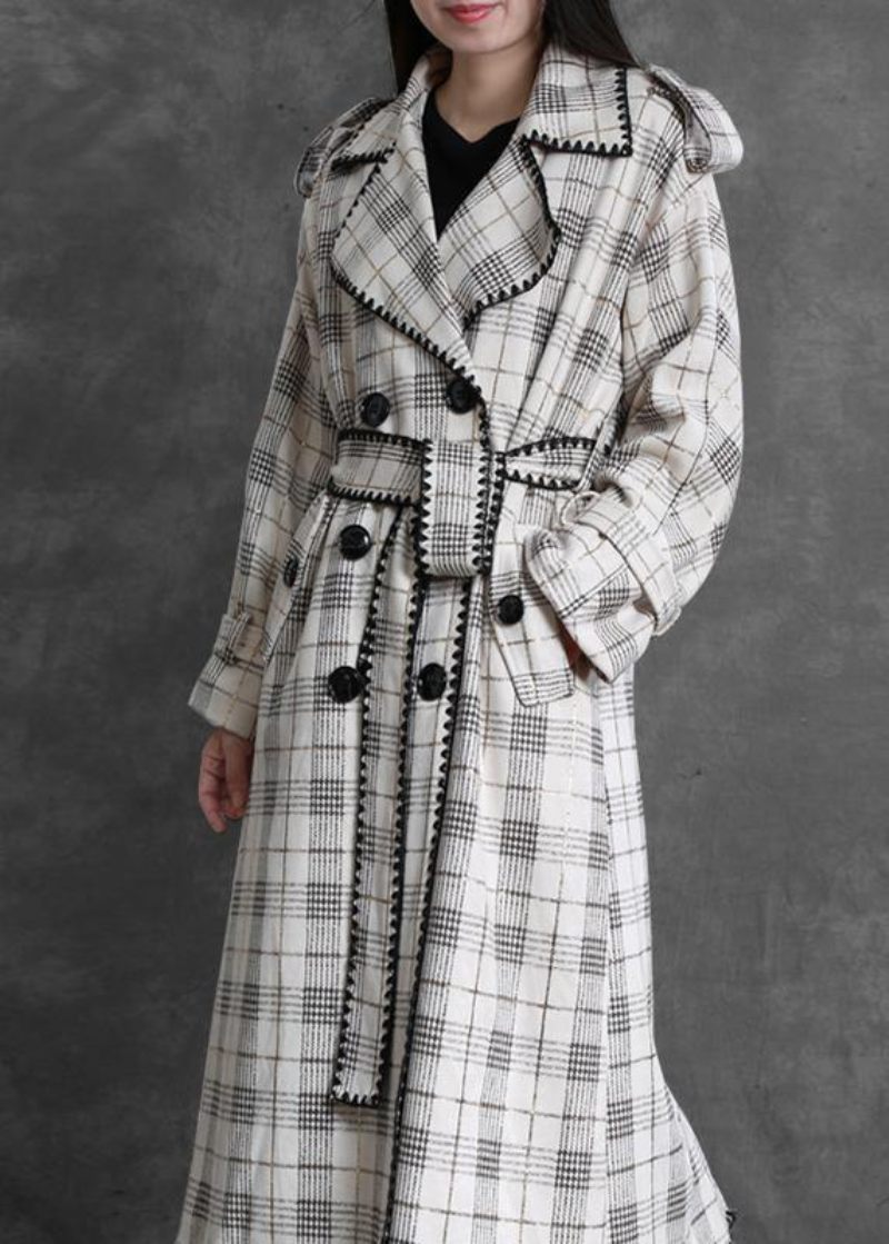 Kunst Hvid Plaid Fin Trenchcoat Gaver Udskårne Bagside Åbne Ydertøj - Dame trenchcoats