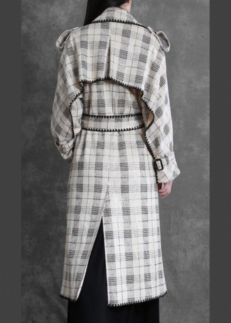 Kunst Hvid Plaid Fin Trenchcoat Gaver Udskårne Bagside Åbne Ydertøj - Dame trenchcoats