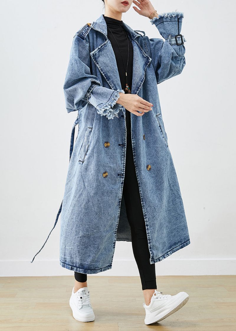 Kunst Lyseblå Revers Dobbeltbryst Denim Trenchcoats Efterår