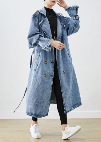 Kunst Lyseblå Revers Dobbeltbryst Denim Trenchcoats Efterår