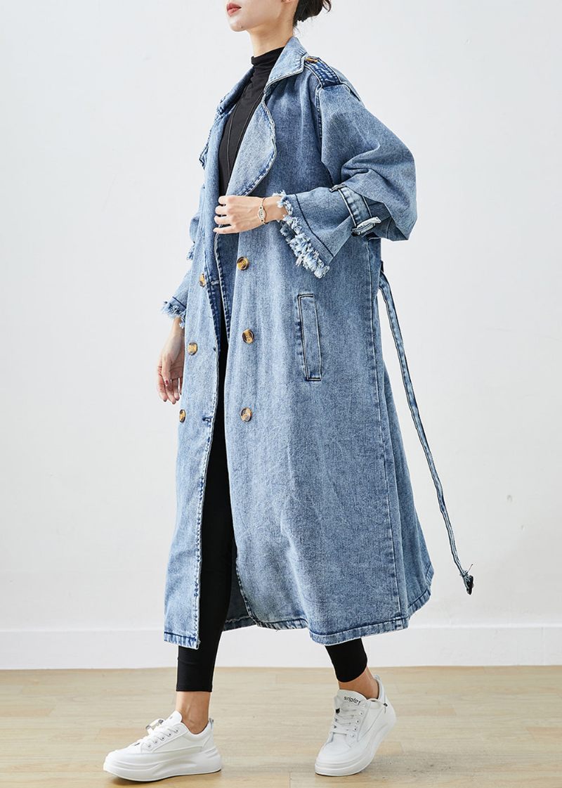 Kunst Lyseblå Revers Dobbeltbryst Denim Trenchcoats Efterår - Dame trenchcoats