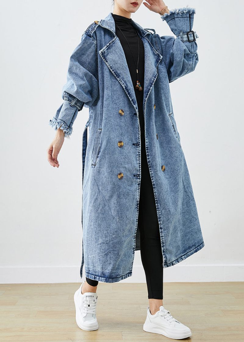 Kunst Lyseblå Revers Dobbeltbryst Denim Trenchcoats Efterår - Dame trenchcoats