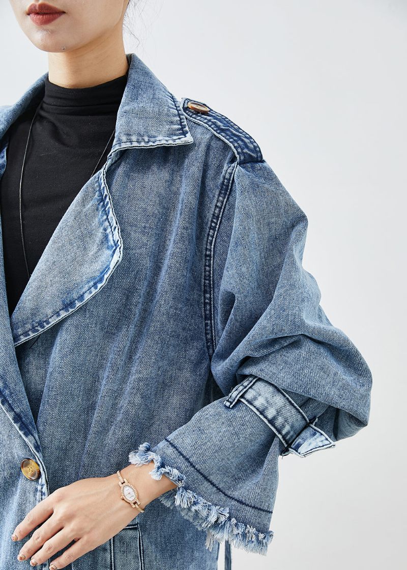 Kunst Lyseblå Revers Dobbeltbryst Denim Trenchcoats Efterår - Dame trenchcoats