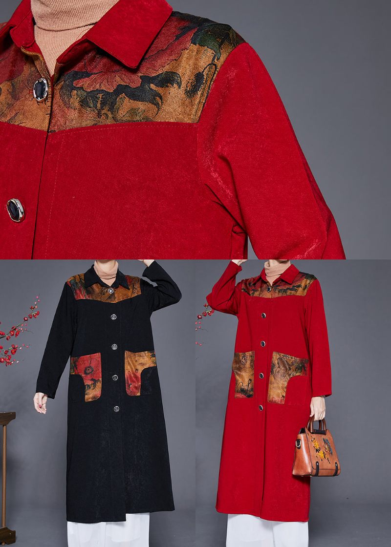 Kunst Rød Peter Pan Krave Patchwork Lommer Trench Fall - Dame trenchcoats