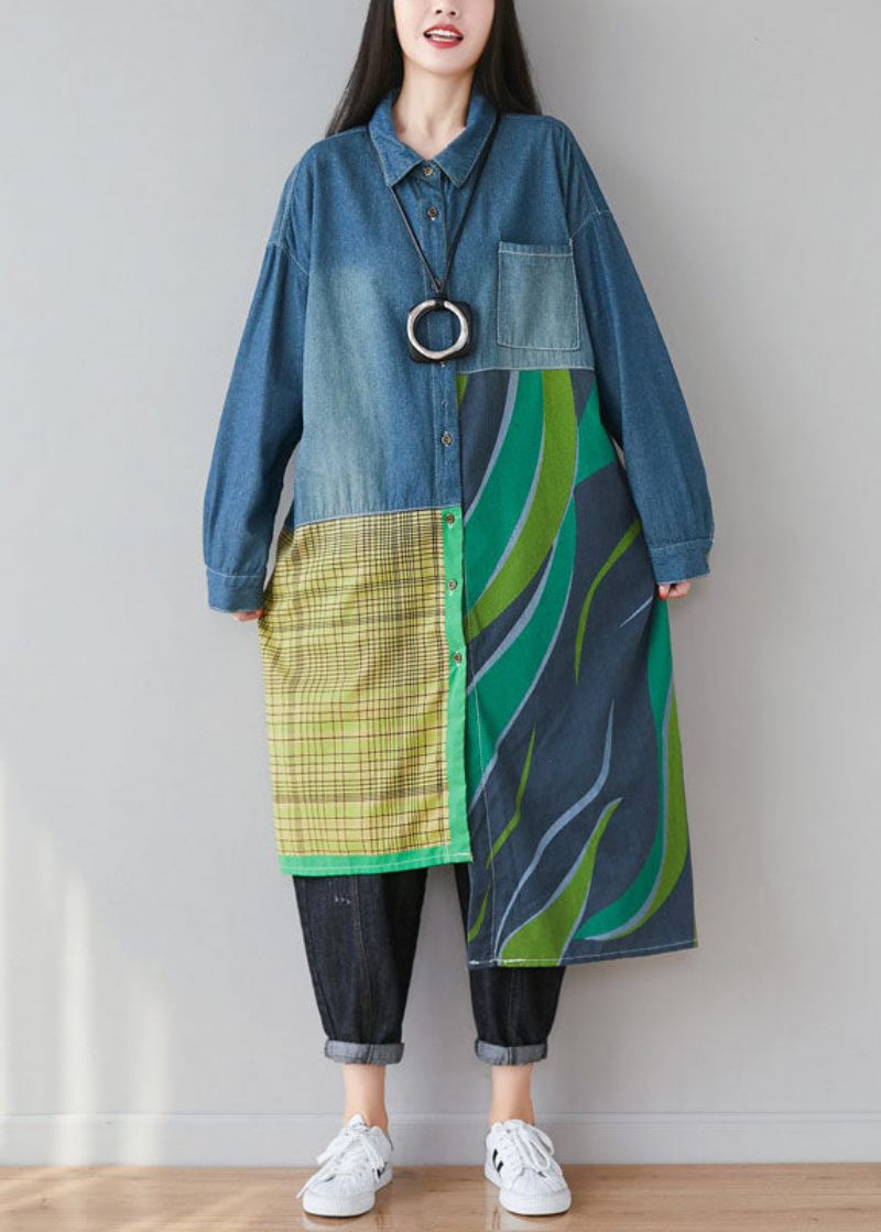 Kvinder Blå Asymmetrisk Patchwork Print Bomuld Denim Trench Coats Spring