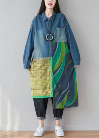 Kvinder Blå Asymmetrisk Patchwork Print Bomuld Denim Trench Coats Spring