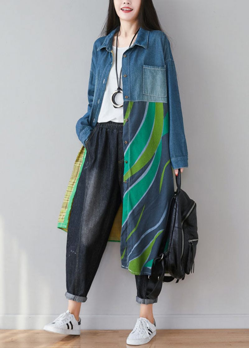 Kvinder Blå Asymmetrisk Patchwork Print Bomuld Denim Trench Coats Spring - Dame trenchcoats