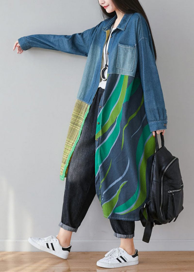 Kvinder Blå Asymmetrisk Patchwork Print Bomuld Denim Trench Coats Spring - Dame trenchcoats