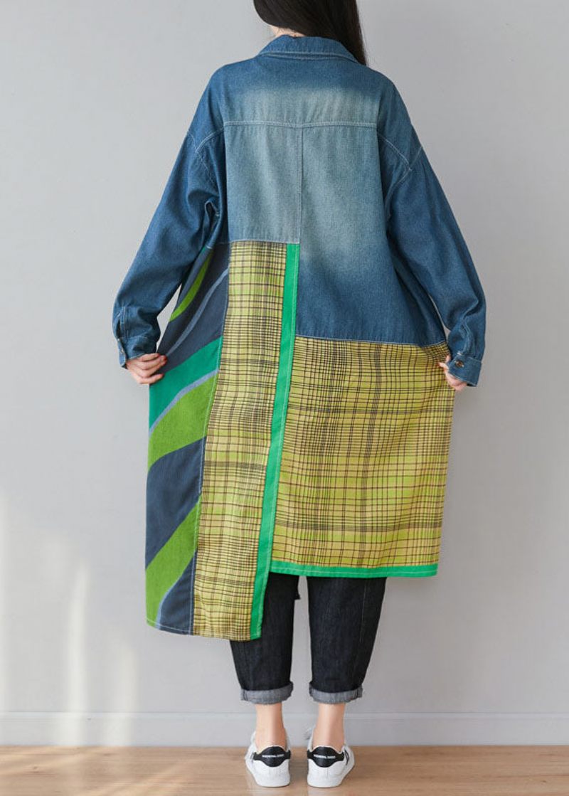 Kvinder Blå Asymmetrisk Patchwork Print Bomuld Denim Trench Coats Spring - Dame trenchcoats