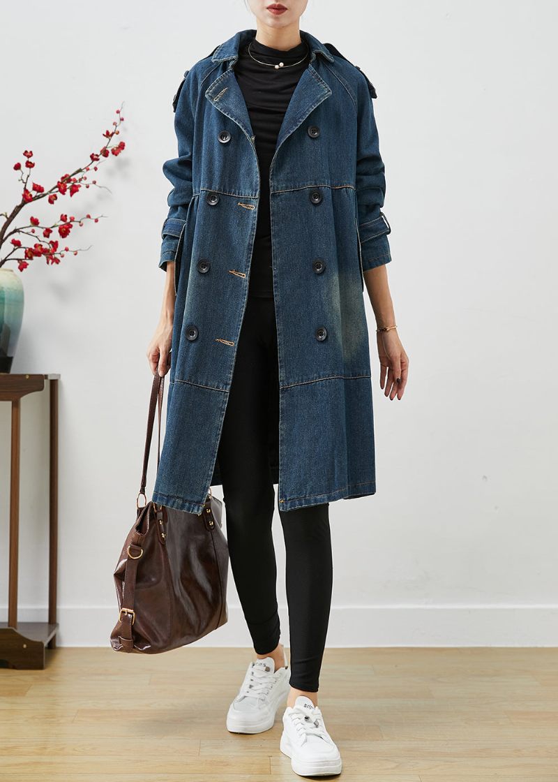 Kvinder Blå Oversized Double Breast Denim Trench Coats Efterår