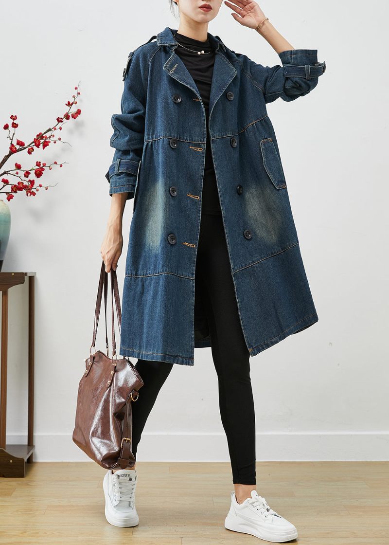 Kvinder Blå Oversized Double Breast Denim Trench Coats Efterår - Dame trenchcoats