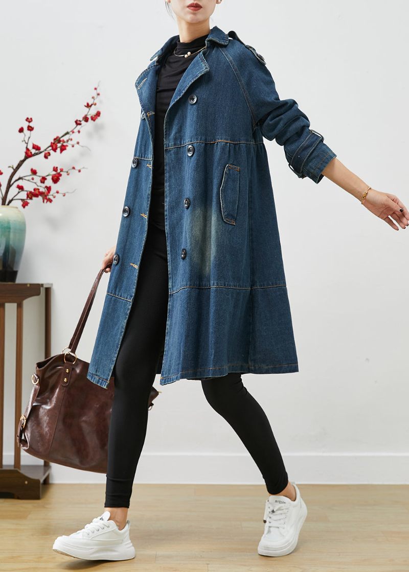 Kvinder Blå Oversized Double Breast Denim Trench Coats Efterår - Dame trenchcoats