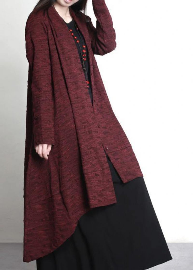 Kvinder Burgundy Jacquard Plus Size Tøj Large Hem Outwear