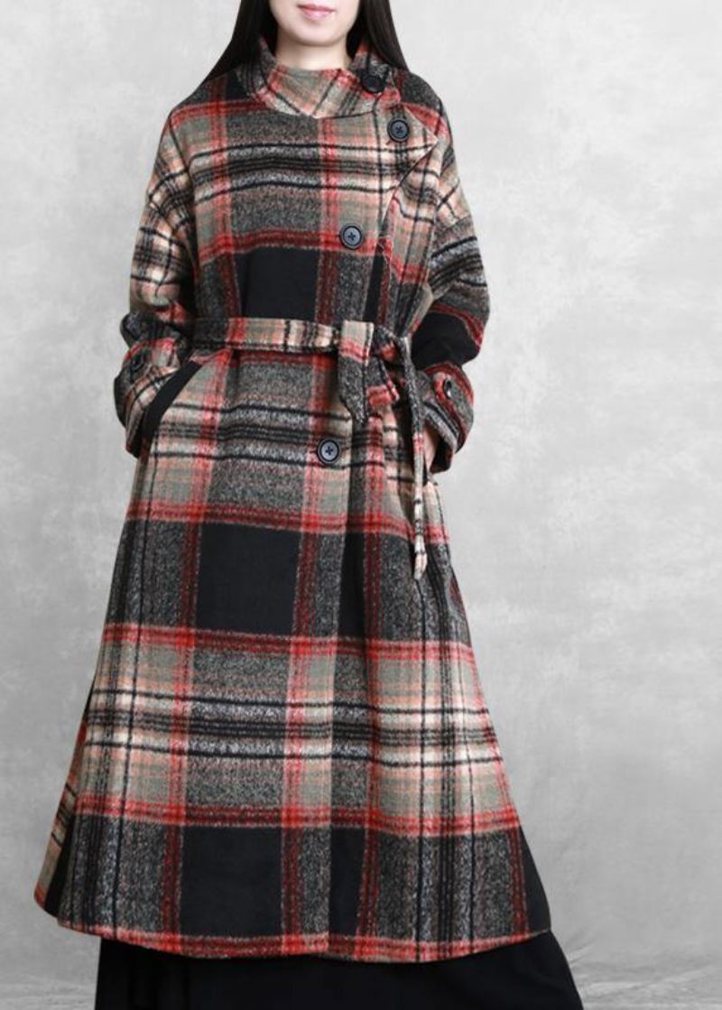 Kvinder Casual Lange Jakker Frakker Sort Plaid Slips Talje Asymmetrisk Ulden Frakke - Dame trenchcoats