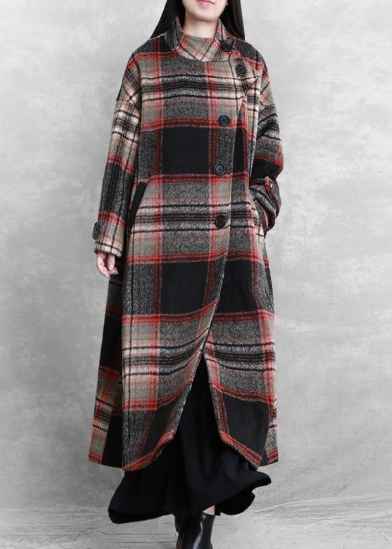 Kvinder Casual Lange Jakker Frakker Sort Plaid Slips Talje Asymmetrisk Ulden Frakke - Dame trenchcoats