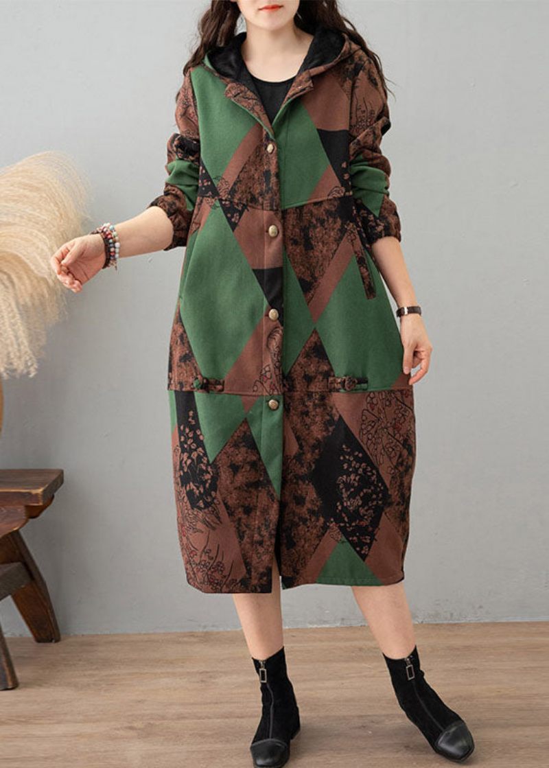 Kvinder Green Print Hætte Patchwork Tyk Bomuld Trench Winter - Dame trenchcoats