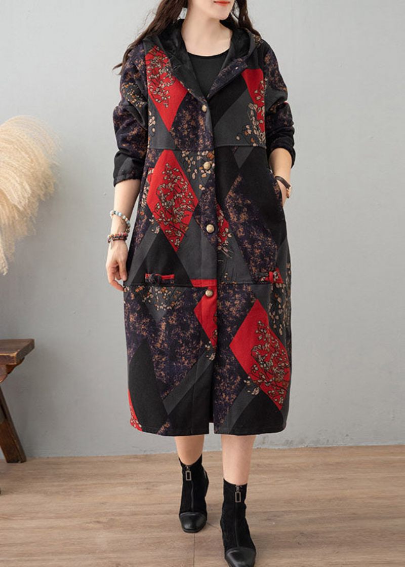 Kvinder Green Print Hætte Patchwork Tyk Bomuld Trench Winter - Dame trenchcoats