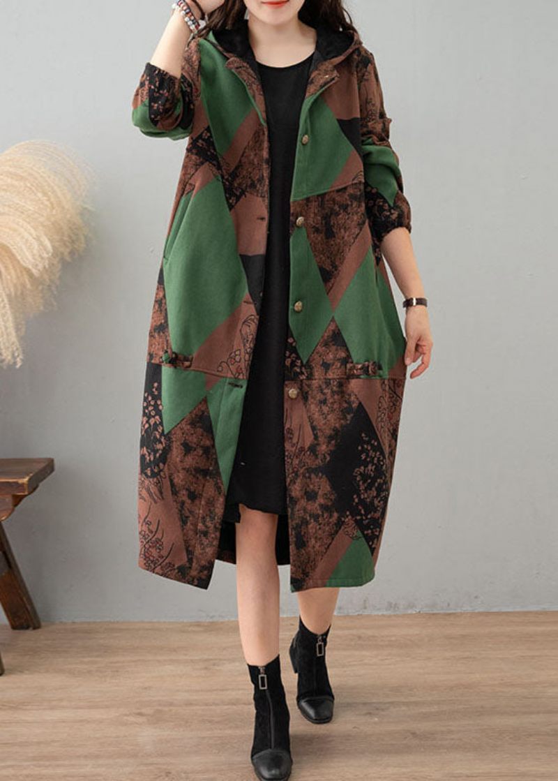 Kvinder Green Print Hætte Patchwork Tyk Bomuld Trench Winter - Dame trenchcoats