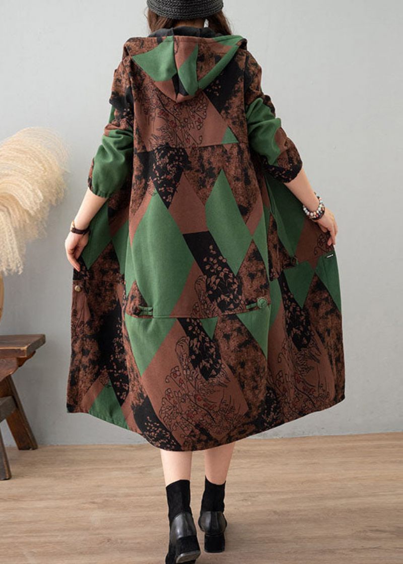 Kvinder Green Print Hætte Patchwork Tyk Bomuld Trench Winter - Dame trenchcoats