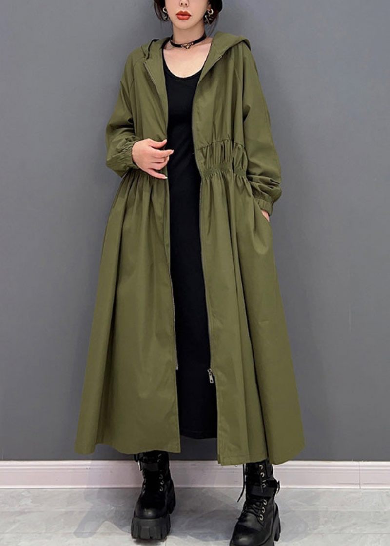 Kvinder Grøn Lynlås Rynket Hætte Lang Trench Coats Spring - Dame trenchcoats