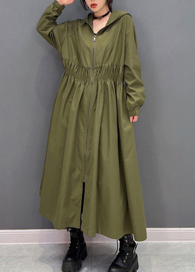 Kvinder Grøn Lynlås Rynket Hætte Lang Trench Coats Spring - Dame trenchcoats