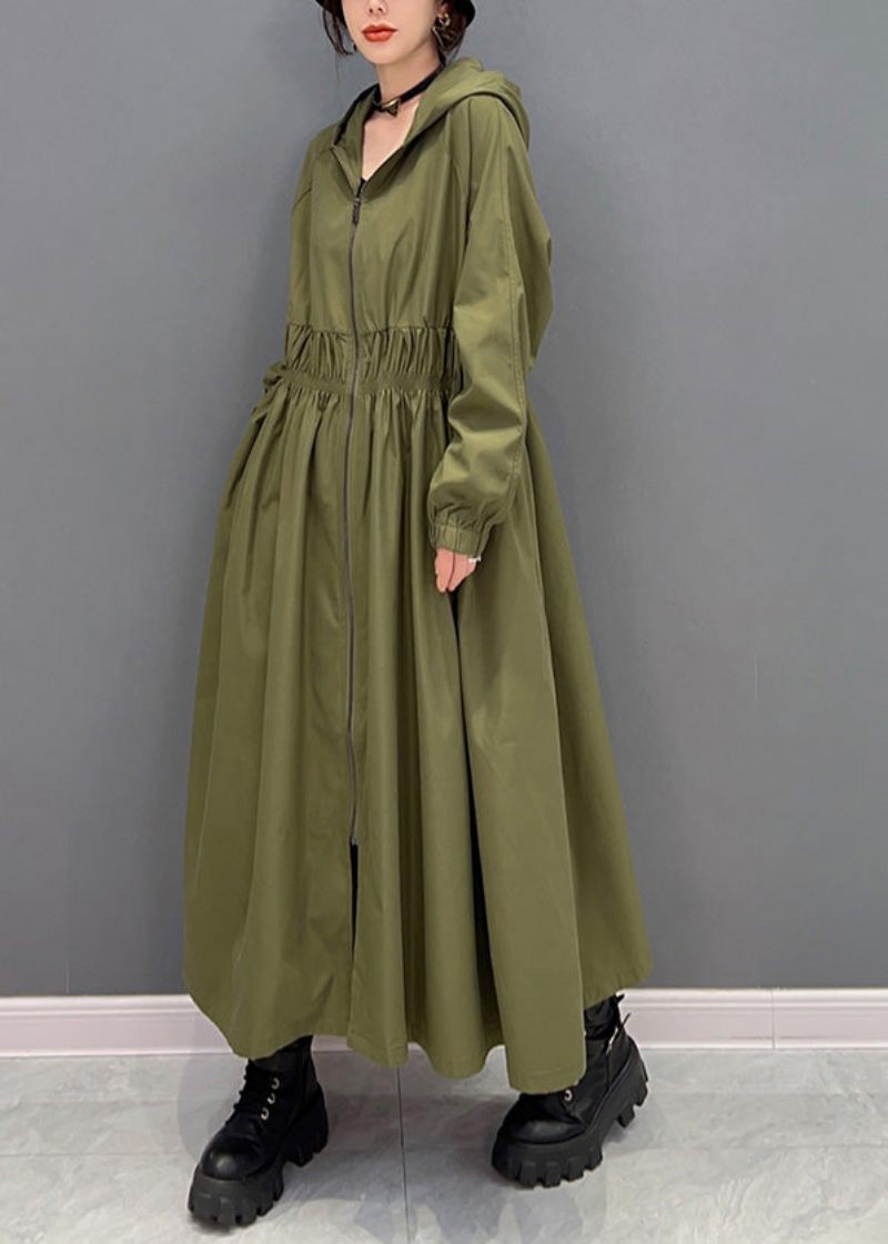 Kvinder Grøn Lynlås Rynket Hætte Lang Trench Coats Spring - Dame trenchcoats