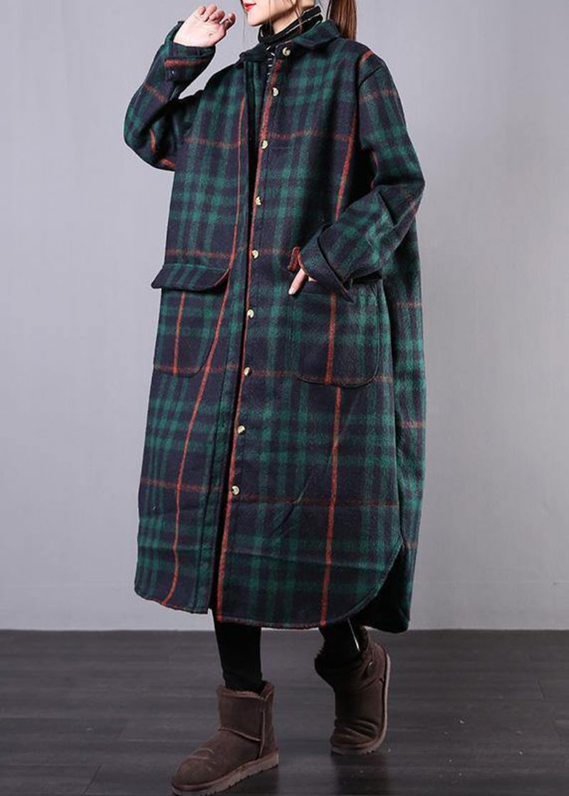 Kvinder Grøn Plaid Uld Overfrakke Plus Size Tøj Vinterfrakke Revers Lommer Frakker - Dame trenchcoats